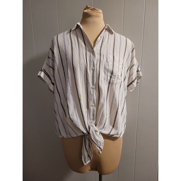 Madewell - White Blue Pinstripe Tie Front Cotton Button Down Blouse Size Small - Picture 1 of 7